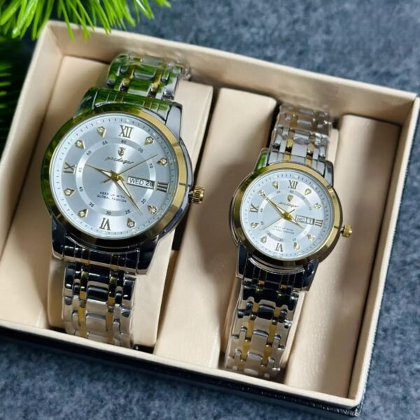 Poedagar 936 Couple Watch - Silver Gold With Premium Box